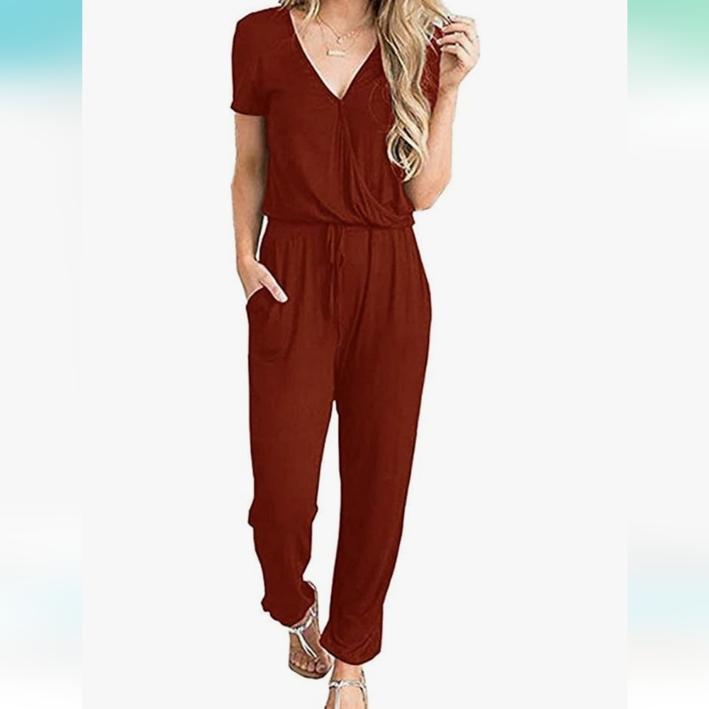 NWOT Prettygarden Women's Deep V Neck Drawstring Waist Jumpsuit Brick Red Small